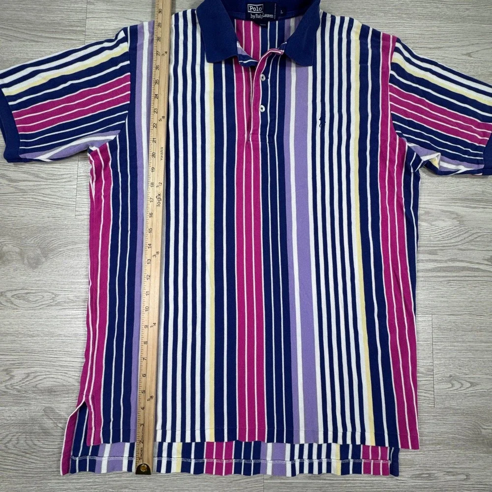 Polo Ralph Lauren Mens Polo Shirt Large Vertical Stripe Blue Pink Cotton Large